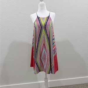 Sleeveless Pink & Multicolor Geometric Swing Dress